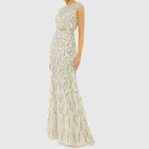 NWT Size 4 Mac Duggal - White and Silver Embellished Illusion Cap Sleeve Column